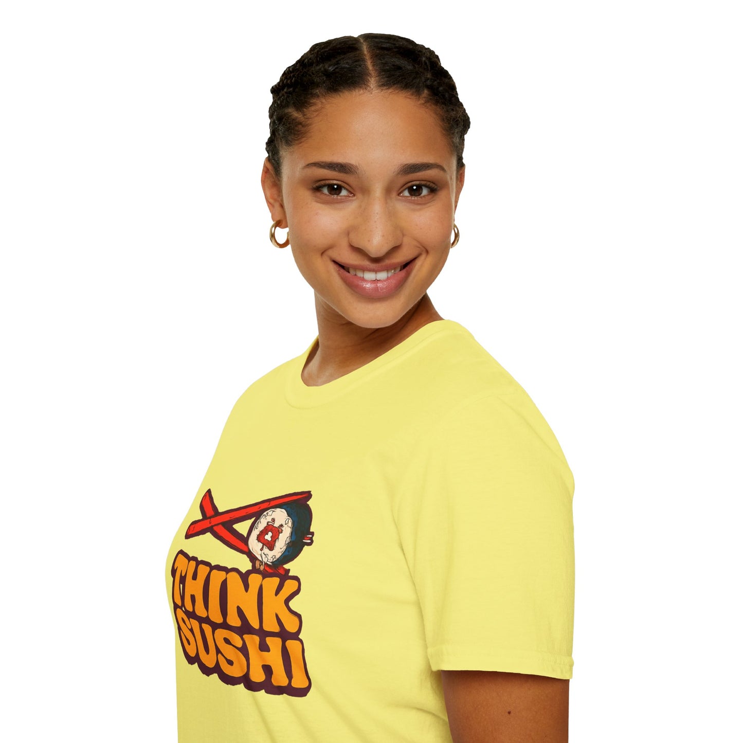 Sushi Lover T-Shirt - Think Sushi graphic tee for foodies, casual wear, gift for sushi lovers, summer style, food-themed shirt