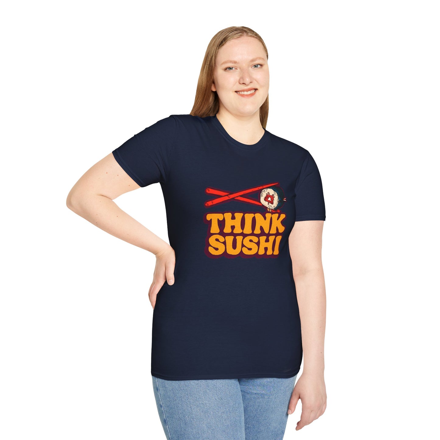 Sushi Lover T-Shirt - Think Sushi graphic tee for foodies, casual wear, gift for sushi lovers, summer style, food-themed shirt