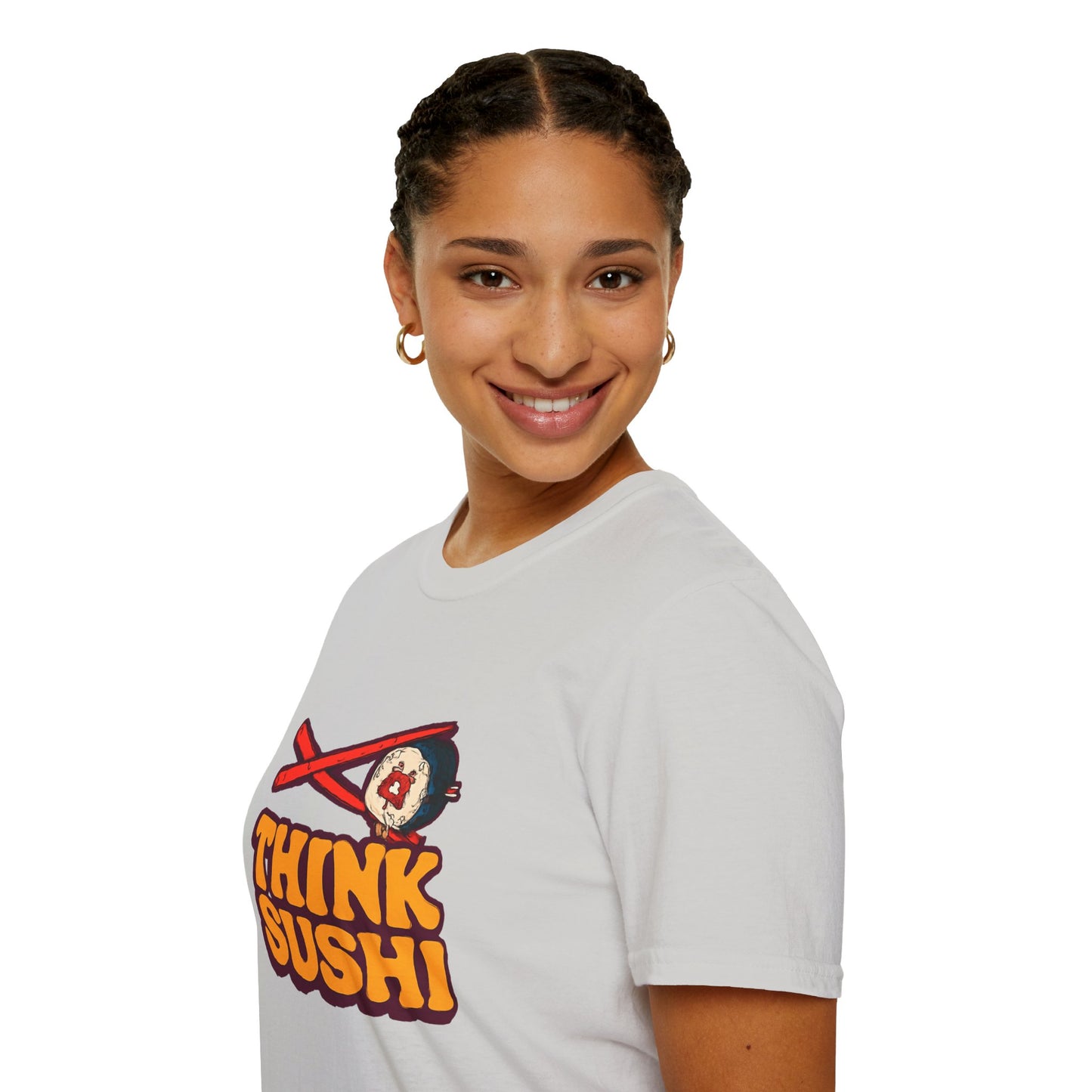 Sushi Lover T-Shirt - Think Sushi graphic tee for foodies, casual wear, gift for sushi lovers, summer style, food-themed shirt