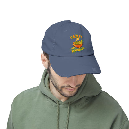 Unisex Ramen Rockstar Distressed Cap, Fun Hat, Gift for Foodies, Casual Wear, Streetwear Accessory, Unique Fashion