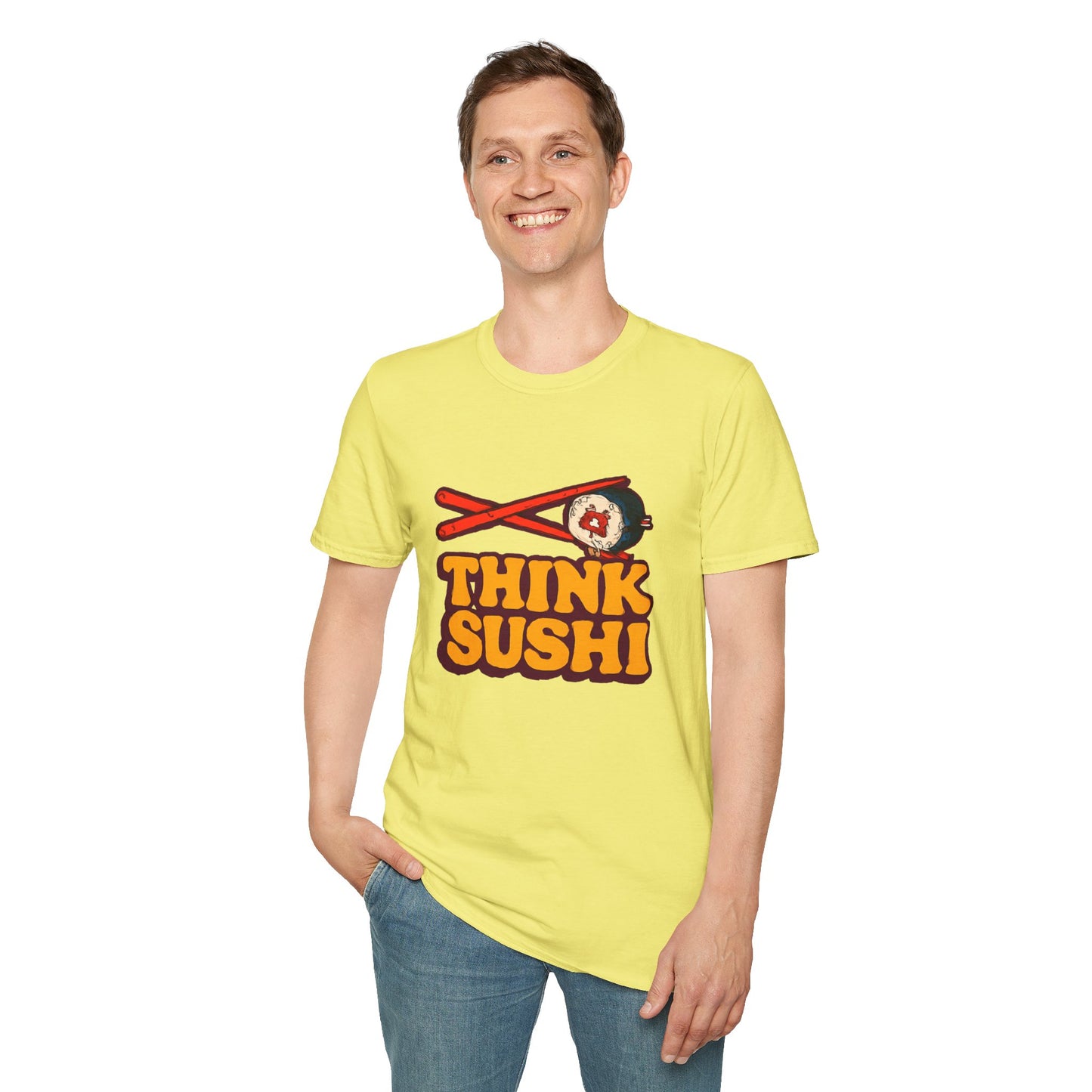 Sushi Lover T-Shirt - Think Sushi graphic tee for foodies, casual wear, gift for sushi lovers, summer style, food-themed shirt