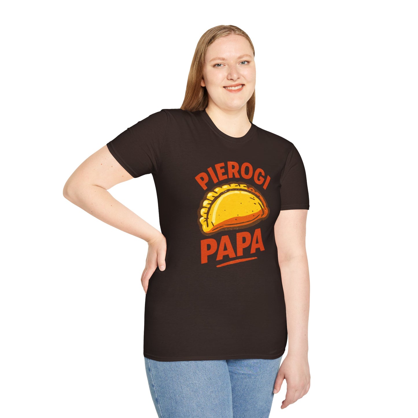 Pierogi Papa Unisex Softstyle T-Shirt, Funny Foodie Gift, Dad's Day Shirt, Family Gathering Apparel, Potluck Party Tee