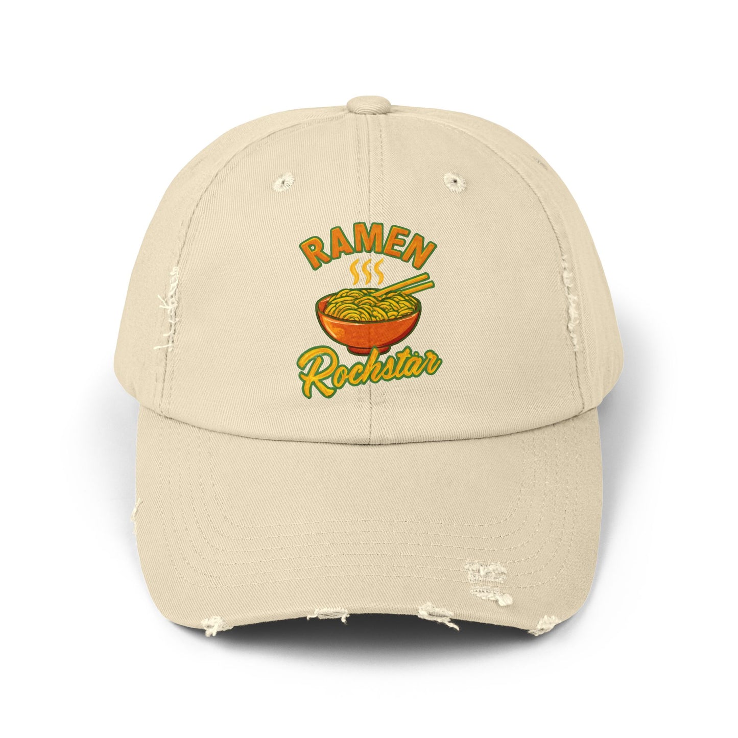 Unisex Ramen Rockstar Distressed Cap, Fun Hat, Gift for Foodies, Casual Wear, Streetwear Accessory, Unique Fashion
