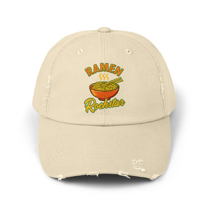 Unisex Ramen Rockstar Distressed Cap, Fun Hat, Gift for Foodies, Casual Wear, Streetwear Accessory, Unique Fashion