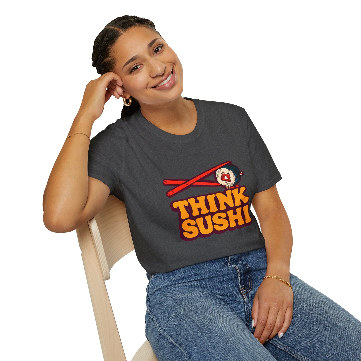 Sushi Lover T-Shirt - Think Sushi graphic tee for foodies, casual wear, gift for sushi lovers, summer style, food-themed shirt