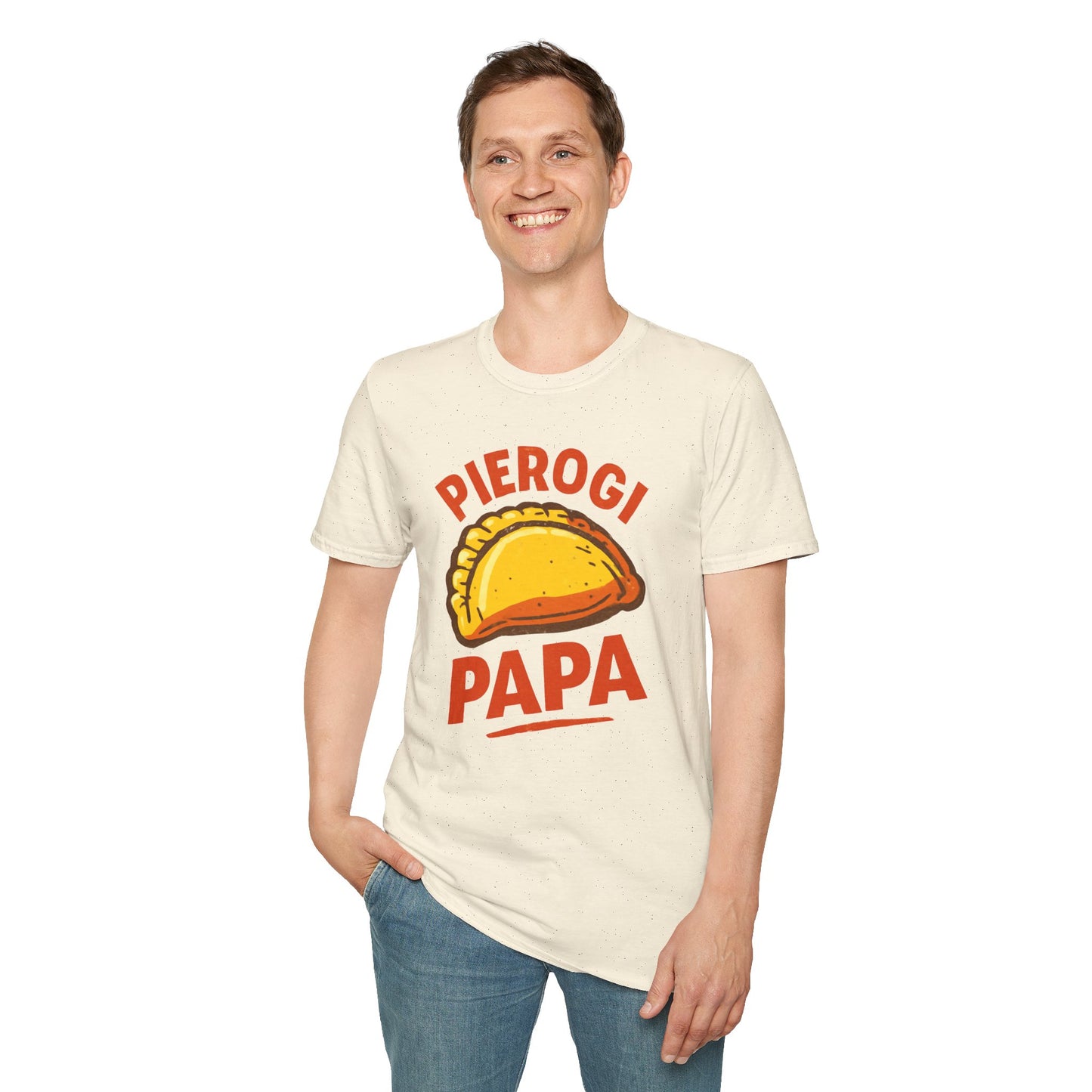 Pierogi Papa Unisex Softstyle T-Shirt, Funny Foodie Gift, Dad's Day Shirt, Family Gathering Apparel, Potluck Party Tee