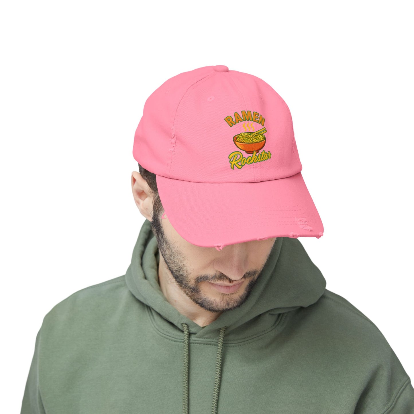 Unisex Ramen Rockstar Distressed Cap, Fun Hat, Gift for Foodies, Casual Wear, Streetwear Accessory, Unique Fashion