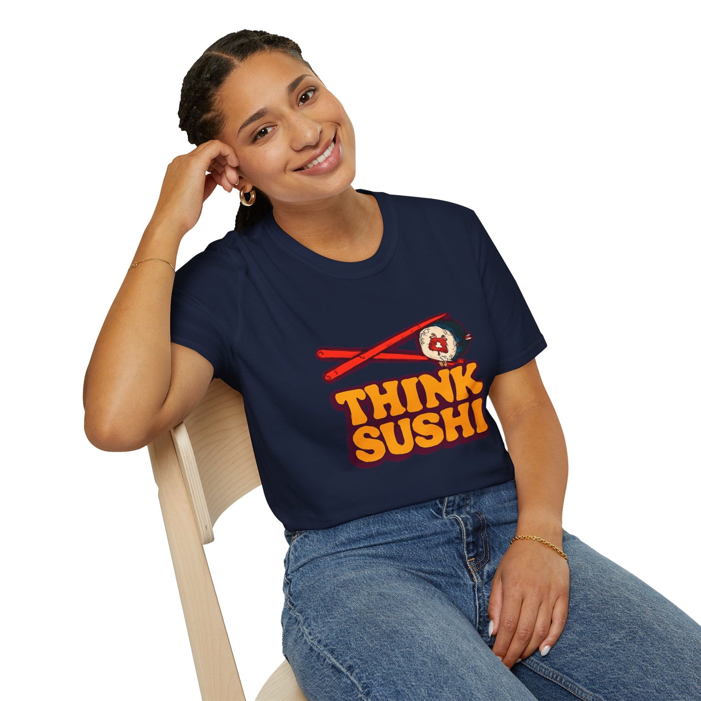 Sushi Lover T-Shirt - Think Sushi graphic tee for foodies, casual wear, gift for sushi lovers, summer style, food-themed shirt