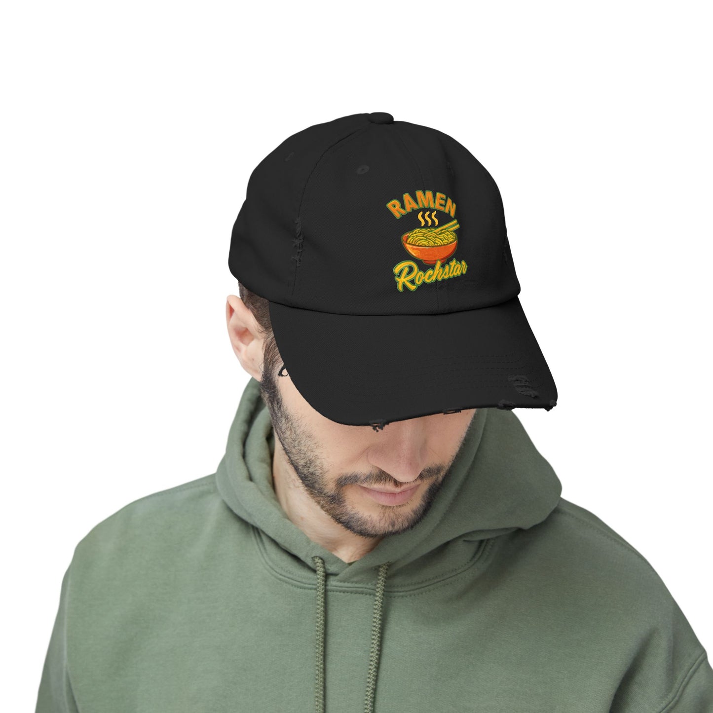 Unisex Ramen Rockstar Distressed Cap, Fun Hat, Gift for Foodies, Casual Wear, Streetwear Accessory, Unique Fashion
