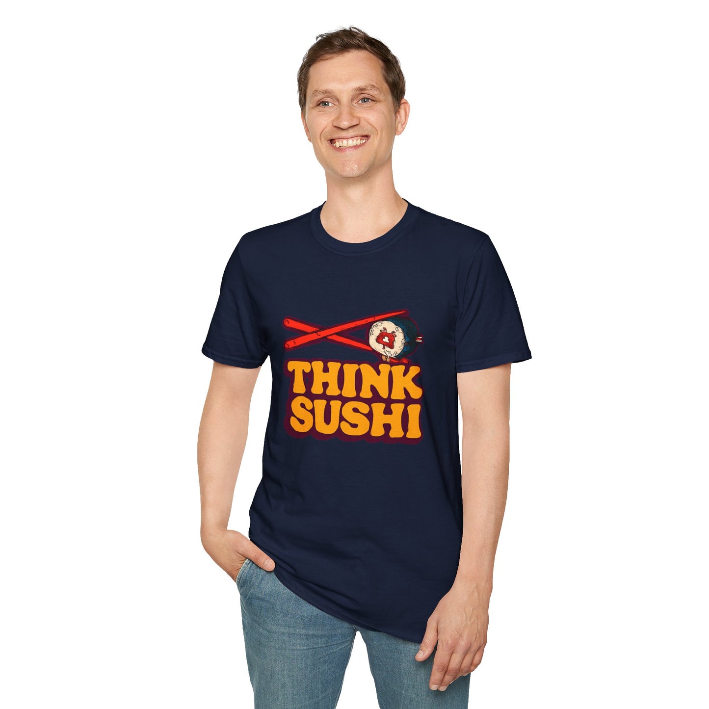 Sushi Lover T-Shirt - Think Sushi graphic tee for foodies, casual wear, gift for sushi lovers, summer style, food-themed shirt