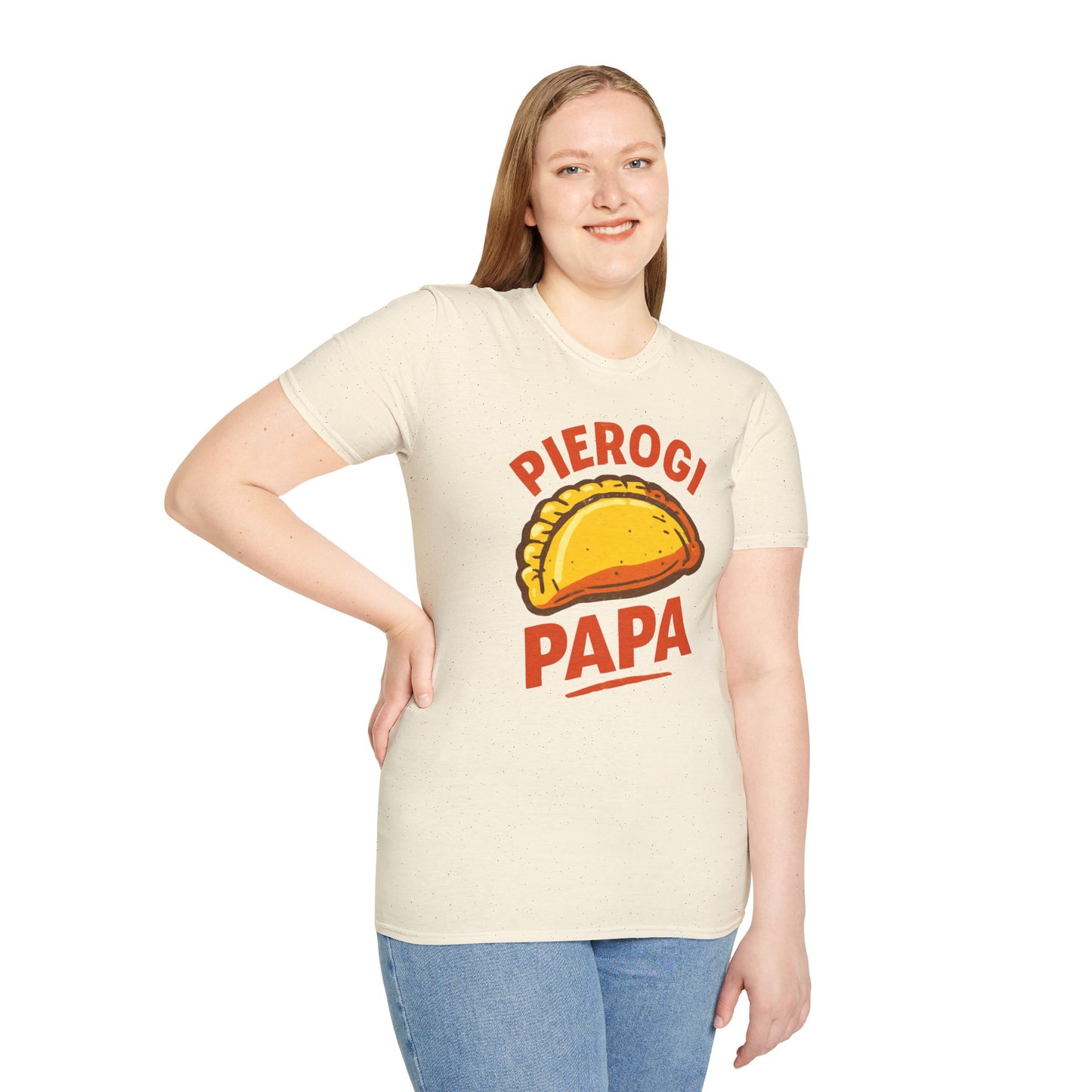 Pierogi Papa Unisex Softstyle T-Shirt, Funny Foodie Gift, Dad's Day Shirt, Family Gathering Apparel, Potluck Party Tee