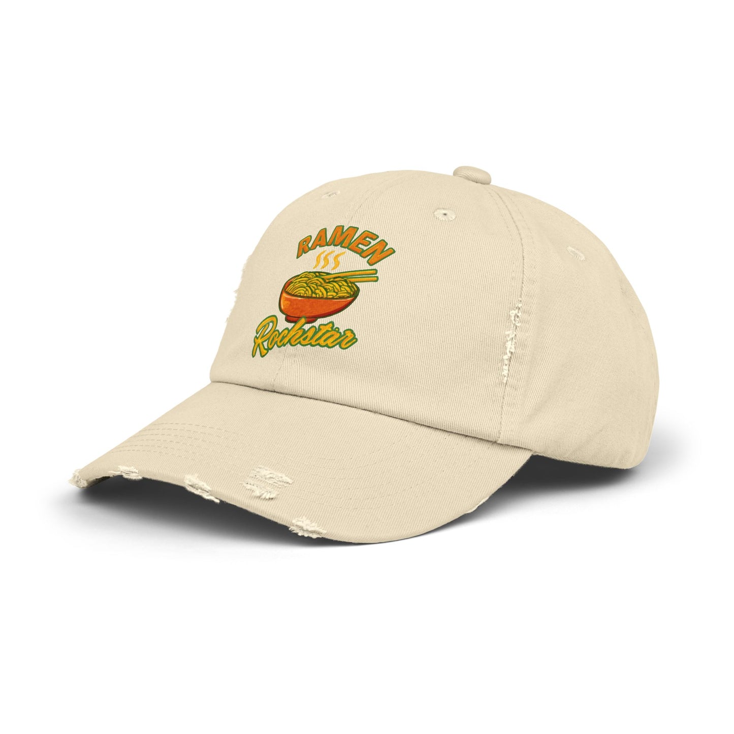 Unisex Ramen Rockstar Distressed Cap, Fun Hat, Gift for Foodies, Casual Wear, Streetwear Accessory, Unique Fashion