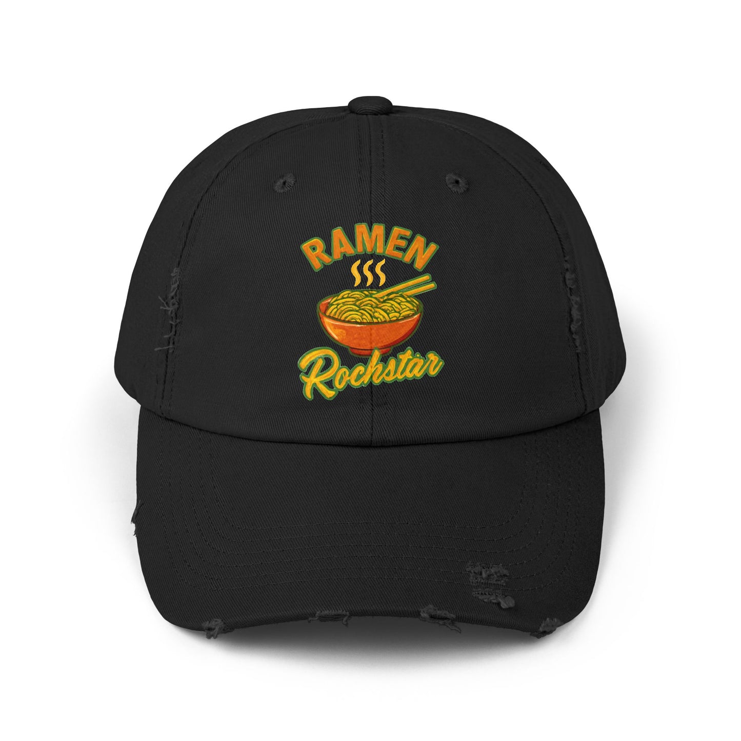 Unisex Ramen Rockstar Distressed Cap, Fun Hat, Gift for Foodies, Casual Wear, Streetwear Accessory, Unique Fashion