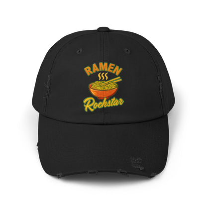 Unisex Ramen Rockstar Distressed Cap, Fun Hat, Gift for Foodies, Casual Wear, Streetwear Accessory, Unique Fashion
