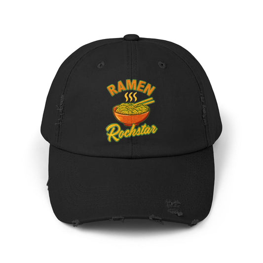 Unisex Ramen Rockstar Distressed Cap, Fun Hat, Gift for Foodies, Casual Wear, Streetwear Accessory, Unique Fashion