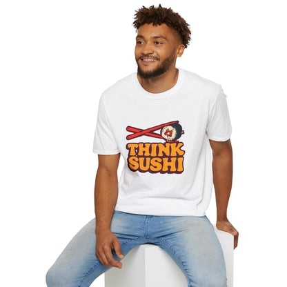 Sushi Lover T-Shirt - Think Sushi graphic tee for foodies, casual wear, gift for sushi lovers, summer style, food-themed shirt