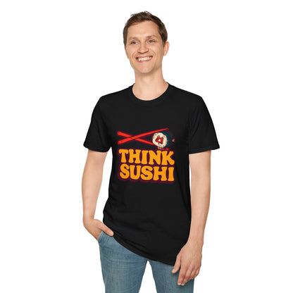 Sushi Lover T-Shirt - Think Sushi graphic tee for foodies, casual wear, gift for sushi lovers, summer style, food-themed shirt