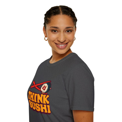 Sushi Lover T-Shirt - Think Sushi graphic tee for foodies, casual wear, gift for sushi lovers, summer style, food-themed shirt