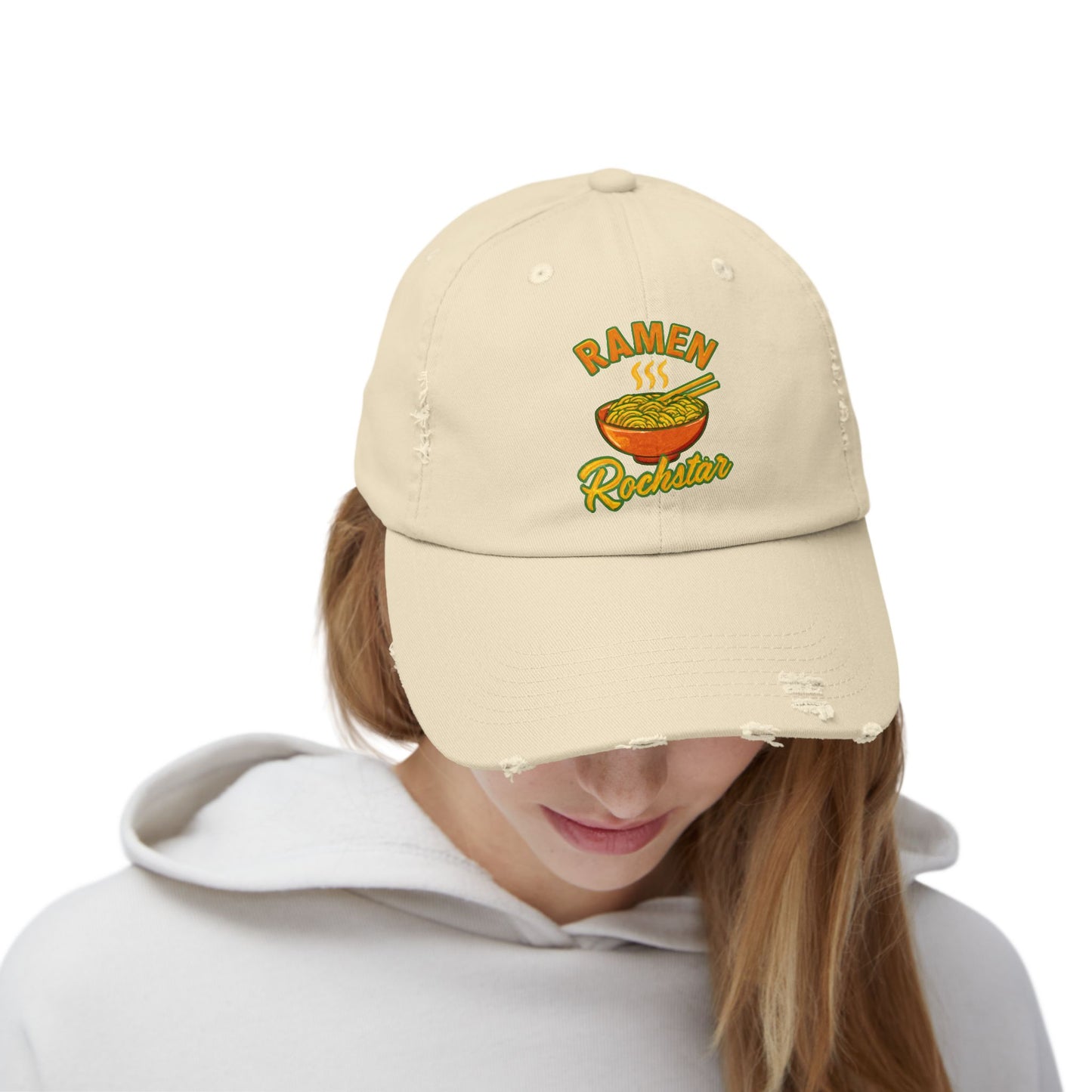 Unisex Ramen Rockstar Distressed Cap, Fun Hat, Gift for Foodies, Casual Wear, Streetwear Accessory, Unique Fashion