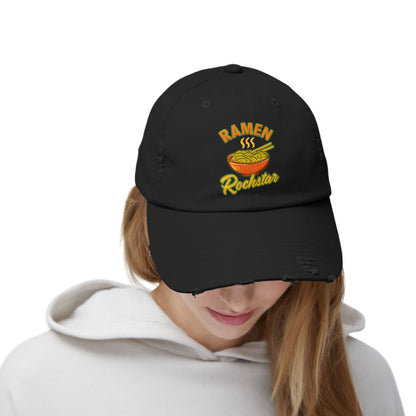 Unisex Ramen Rockstar Distressed Cap, Fun Hat, Gift for Foodies, Casual Wear, Streetwear Accessory, Unique Fashion