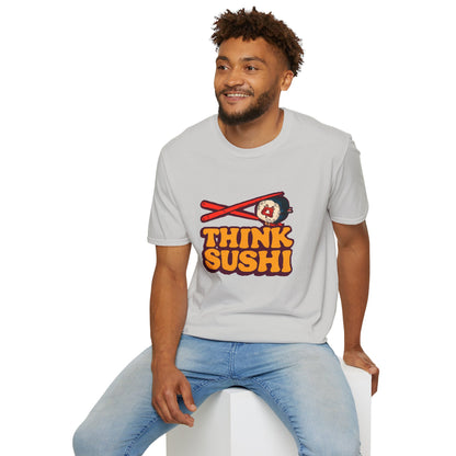 Sushi Lover T-Shirt - Think Sushi graphic tee for foodies, casual wear, gift for sushi lovers, summer style, food-themed shirt