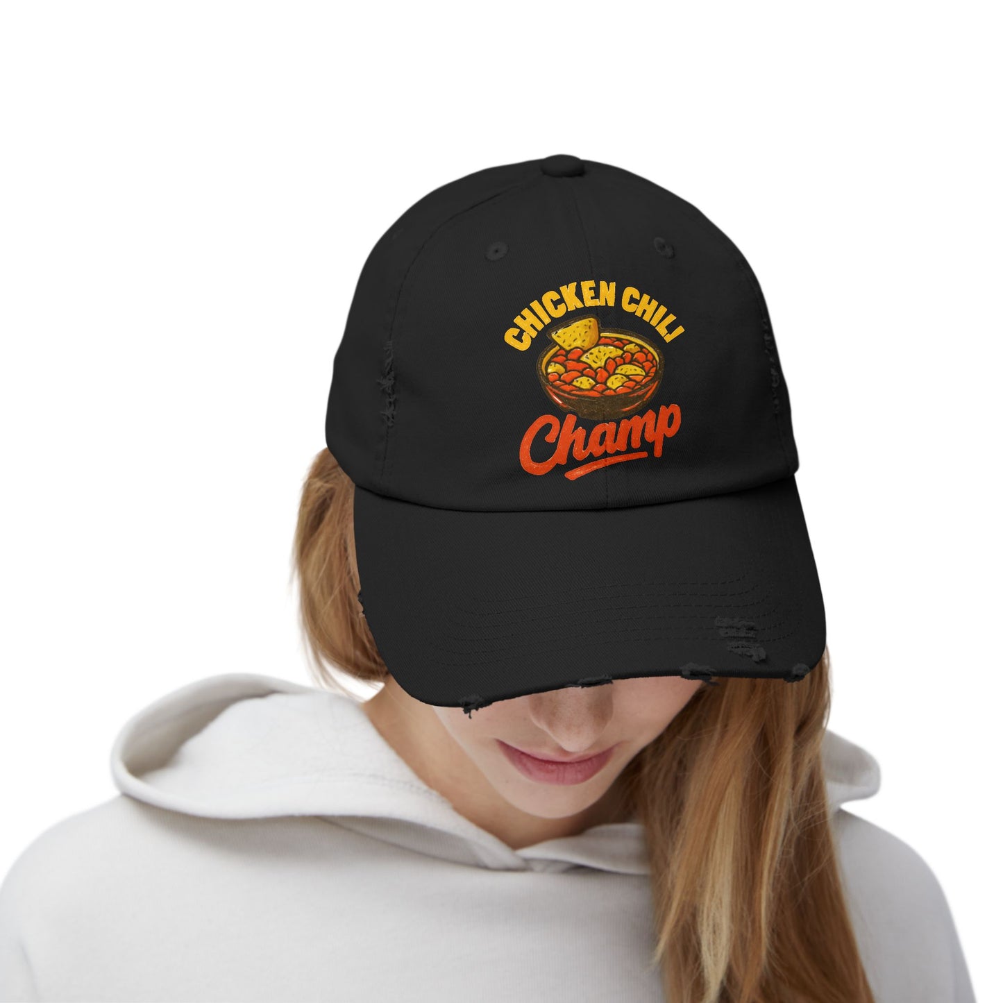Chicken Chili Champ Unisex Distressed Cap - Perfect for Food Lovers, Casual Outings, BBQs, Cooking Events, Gift for Cooks