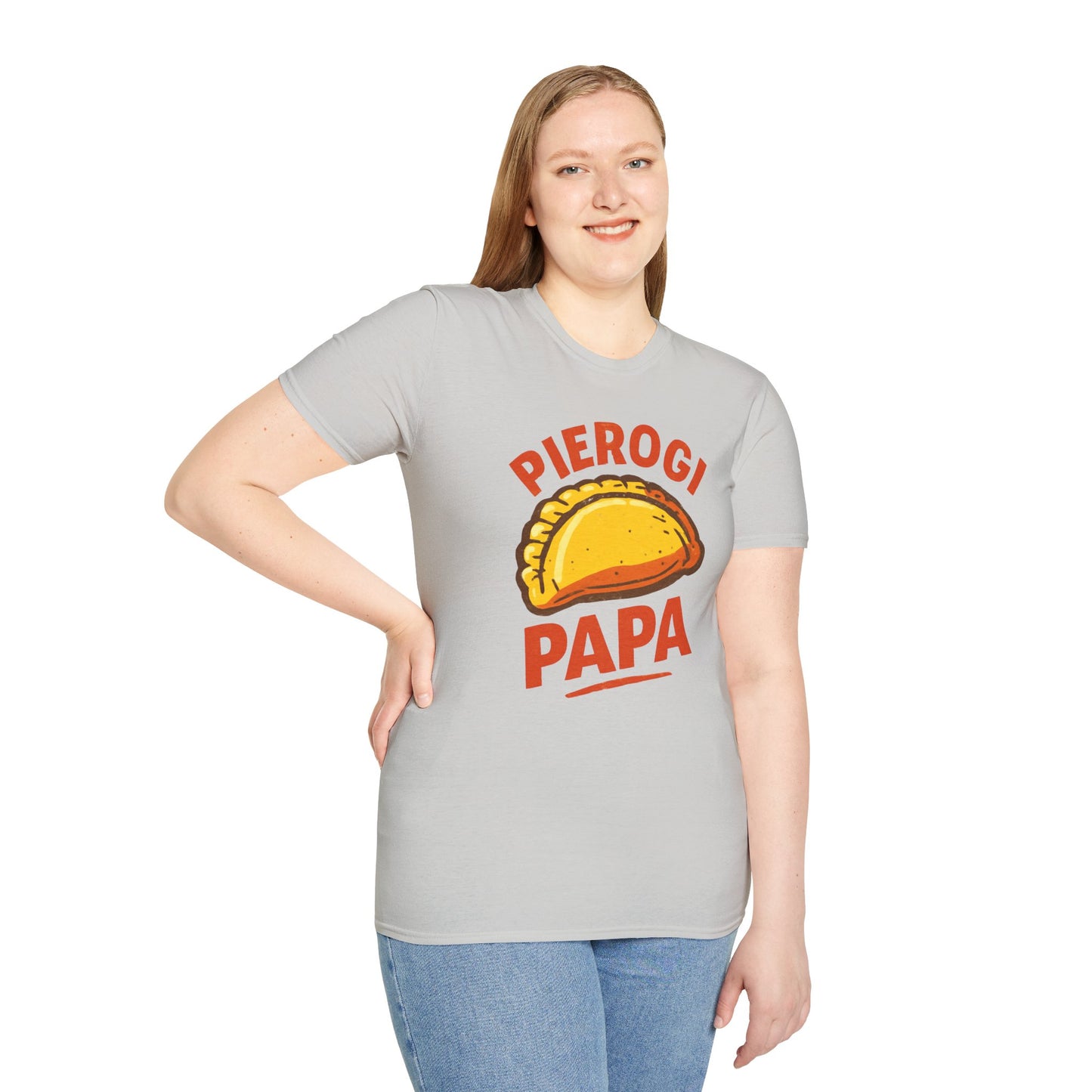 Pierogi Papa Unisex Softstyle T-Shirt, Funny Foodie Gift, Dad's Day Shirt, Family Gathering Apparel, Potluck Party Tee