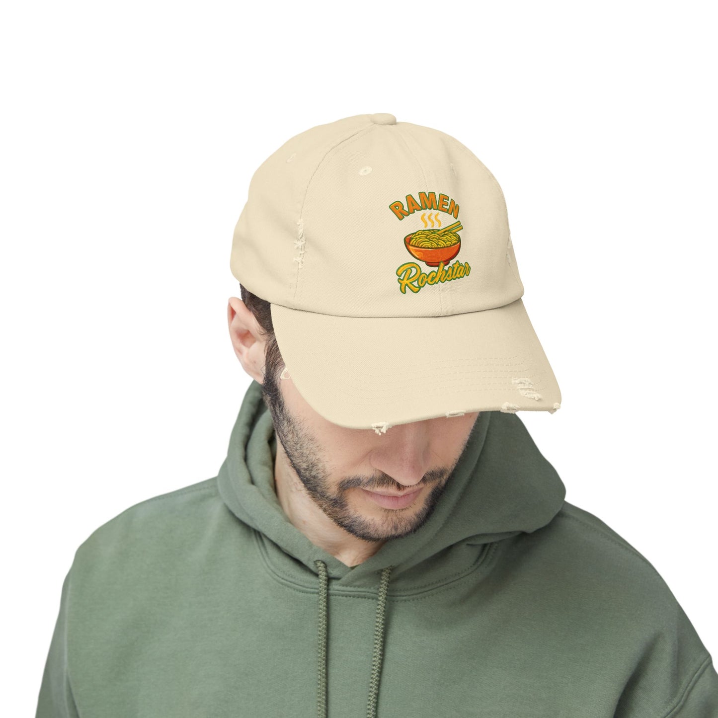 Unisex Ramen Rockstar Distressed Cap, Fun Hat, Gift for Foodies, Casual Wear, Streetwear Accessory, Unique Fashion