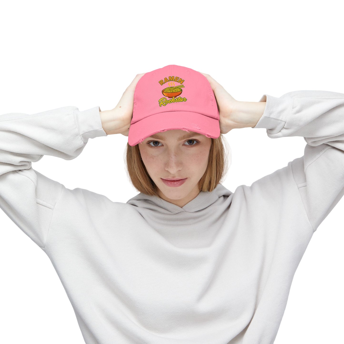 Unisex Ramen Rockstar Distressed Cap, Fun Hat, Gift for Foodies, Casual Wear, Streetwear Accessory, Unique Fashion