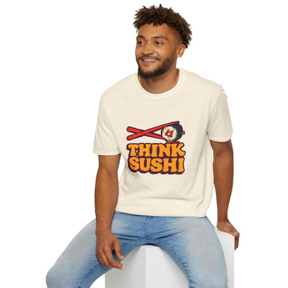 Sushi Lover T-Shirt - Think Sushi graphic tee for foodies, casual wear, gift for sushi lovers, summer style, food-themed shirt