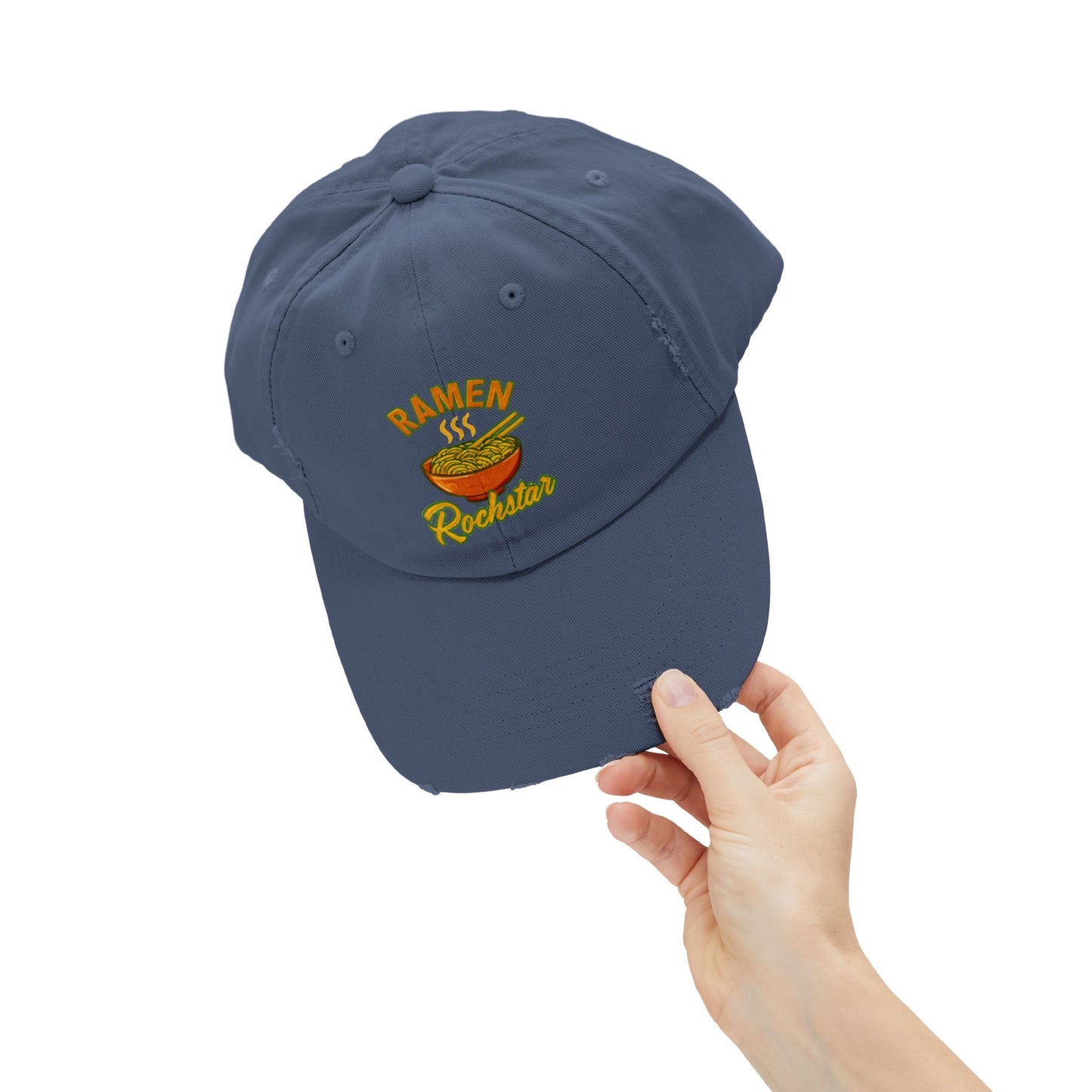 Unisex Ramen Rockstar Distressed Cap, Fun Hat, Gift for Foodies, Casual Wear, Streetwear Accessory, Unique Fashion