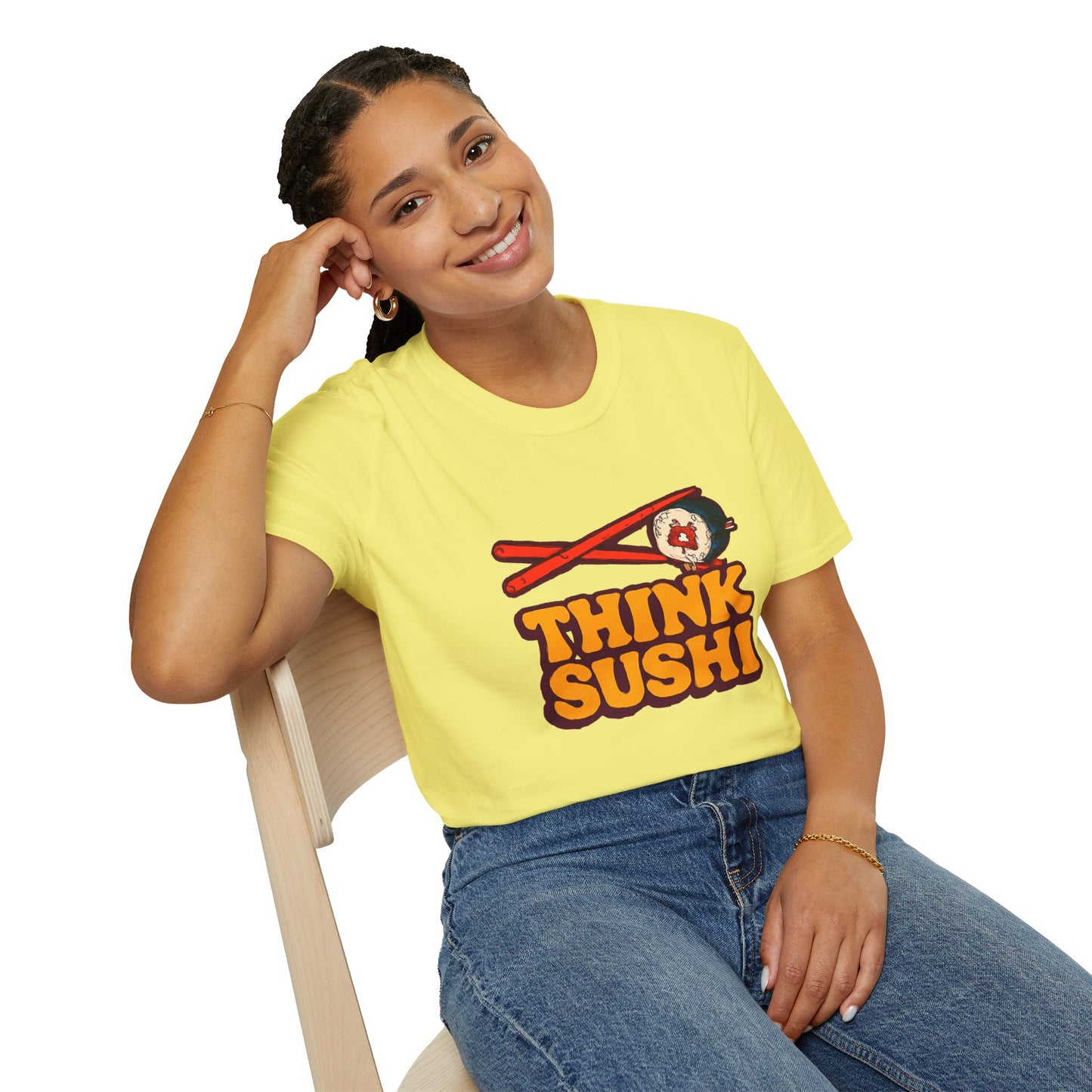Sushi Lover T-Shirt - Think Sushi graphic tee for foodies, casual wear, gift for sushi lovers, summer style, food-themed shirt