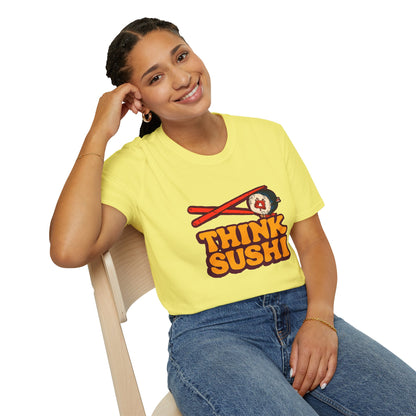 Sushi Lover T-Shirt - Think Sushi graphic tee for foodies, casual wear, gift for sushi lovers, summer style, food-themed shirt