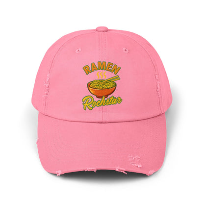 Unisex Ramen Rockstar Distressed Cap, Fun Hat, Gift for Foodies, Casual Wear, Streetwear Accessory, Unique Fashion