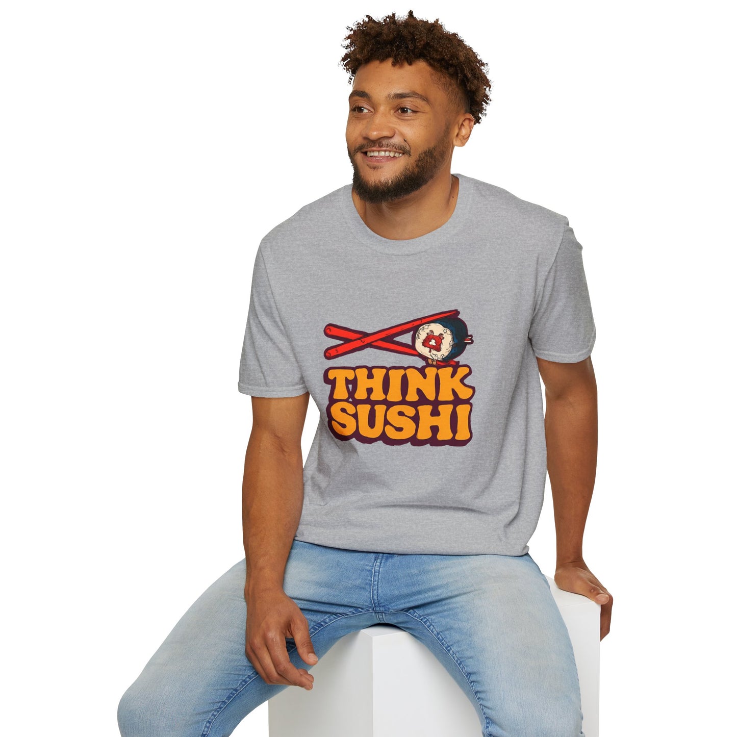 Sushi Lover T-Shirt - Think Sushi graphic tee for foodies, casual wear, gift for sushi lovers, summer style, food-themed shirt