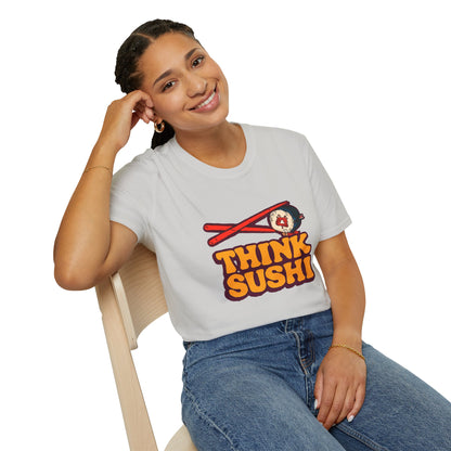 Sushi Lover T-Shirt - Think Sushi graphic tee for foodies, casual wear, gift for sushi lovers, summer style, food-themed shirt