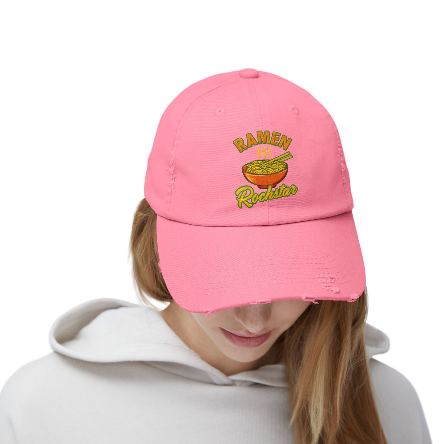 Unisex Ramen Rockstar Distressed Cap, Fun Hat, Gift for Foodies, Casual Wear, Streetwear Accessory, Unique Fashion