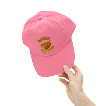 Unisex Ramen Rockstar Distressed Cap, Fun Hat, Gift for Foodies, Casual Wear, Streetwear Accessory, Unique Fashion