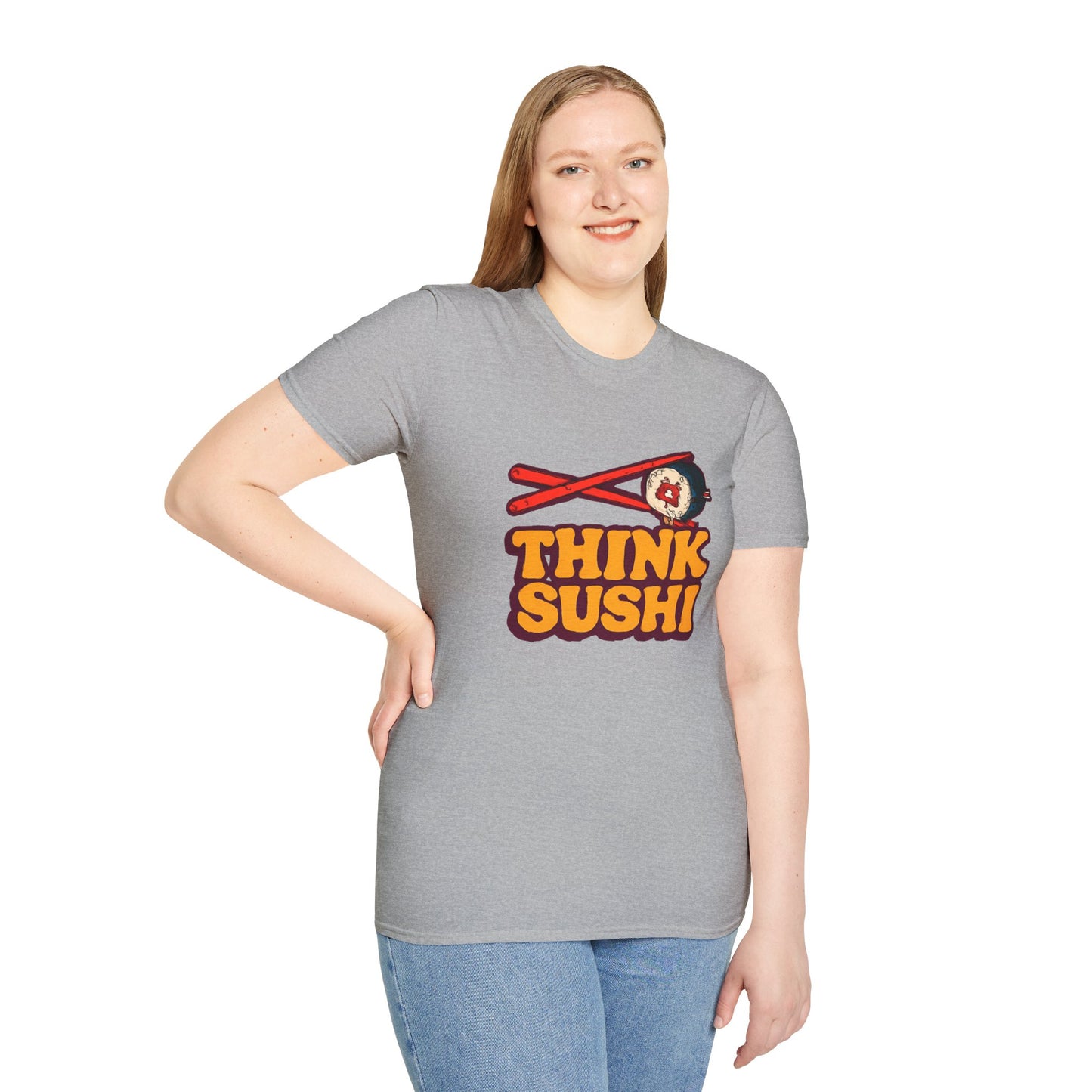 Sushi Lover T-Shirt - Think Sushi graphic tee for foodies, casual wear, gift for sushi lovers, summer style, food-themed shirt