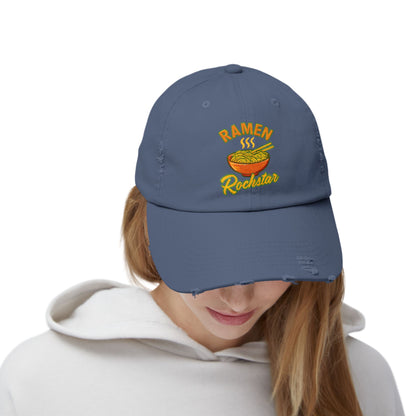 Unisex Ramen Rockstar Distressed Cap, Fun Hat, Gift for Foodies, Casual Wear, Streetwear Accessory, Unique Fashion