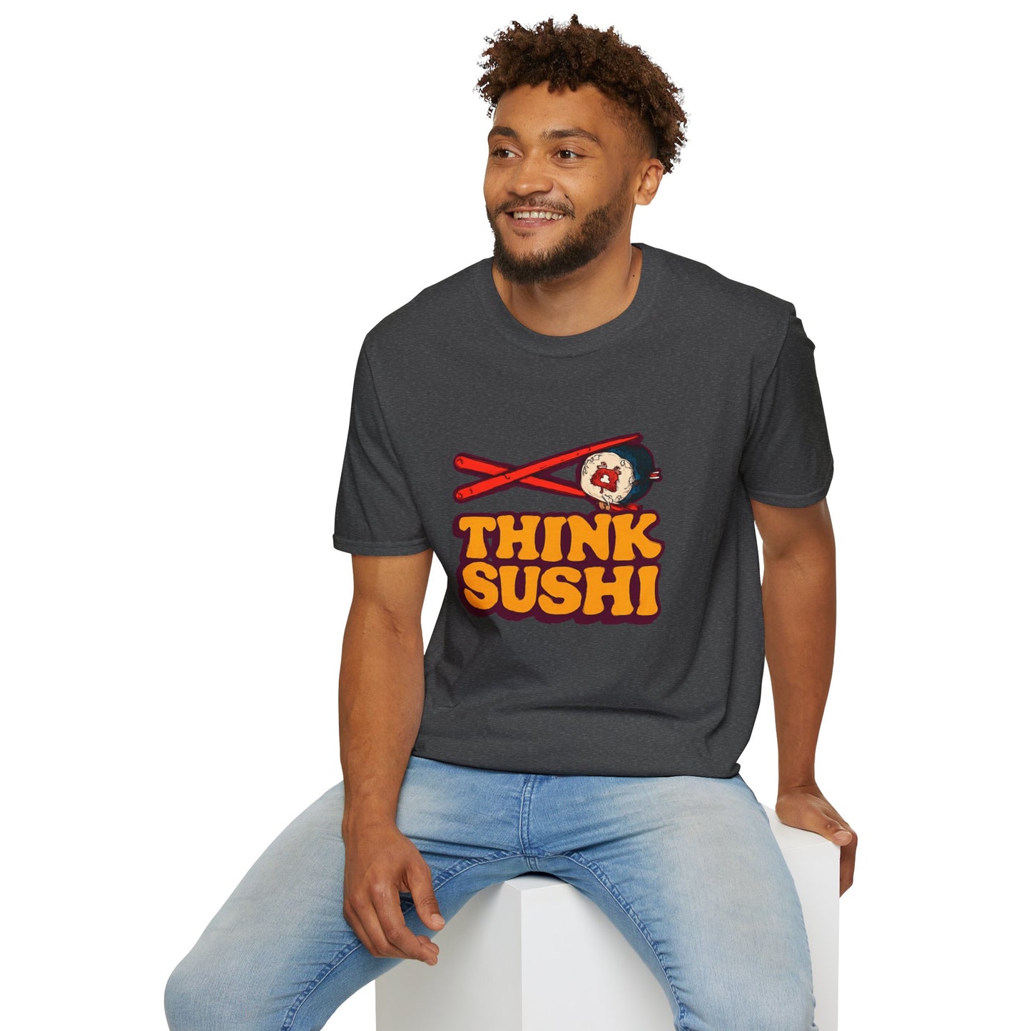 Sushi Lover T-Shirt - Think Sushi graphic tee for foodies, casual wear, gift for sushi lovers, summer style, food-themed shirt