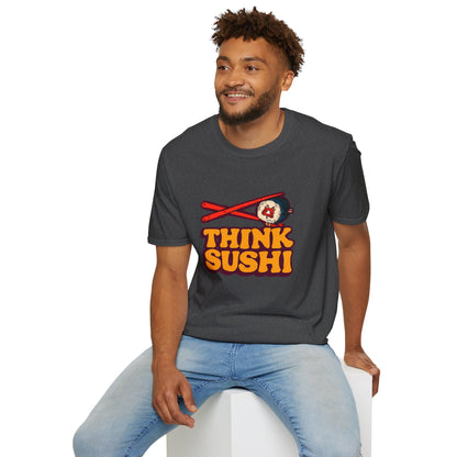 Sushi Lover T-Shirt - Think Sushi graphic tee for foodies, casual wear, gift for sushi lovers, summer style, food-themed shirt