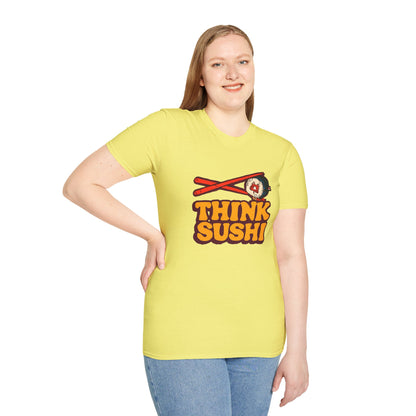 Sushi Lover T-Shirt - Think Sushi graphic tee for foodies, casual wear, gift for sushi lovers, summer style, food-themed shirt