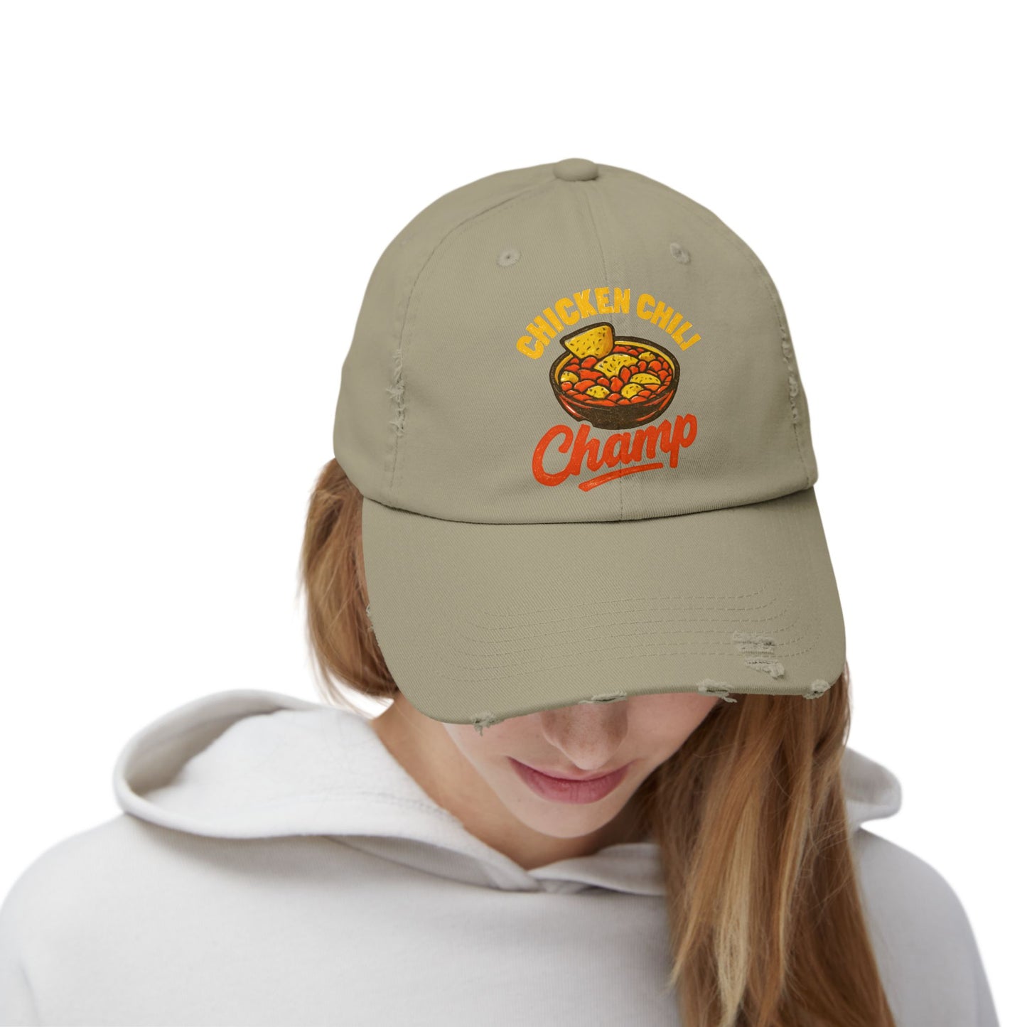 Chicken Chili Champ Unisex Distressed Cap - Perfect for Food Lovers, Casual Outings, BBQs, Cooking Events, Gift for Cooks