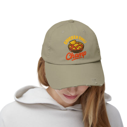 Chicken Chili Champ Unisex Distressed Cap - Perfect for Food Lovers, Casual Outings, BBQs, Cooking Events, Gift for Cooks