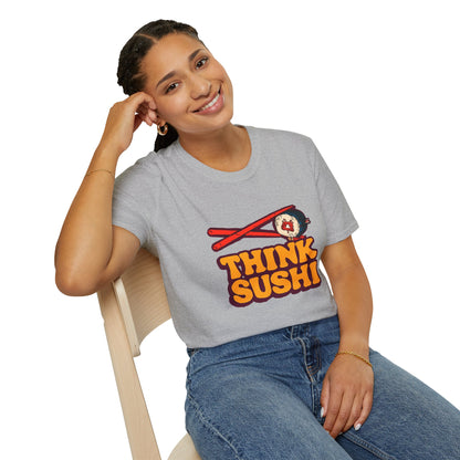 Sushi Lover T-Shirt - Think Sushi graphic tee for foodies, casual wear, gift for sushi lovers, summer style, food-themed shirt
