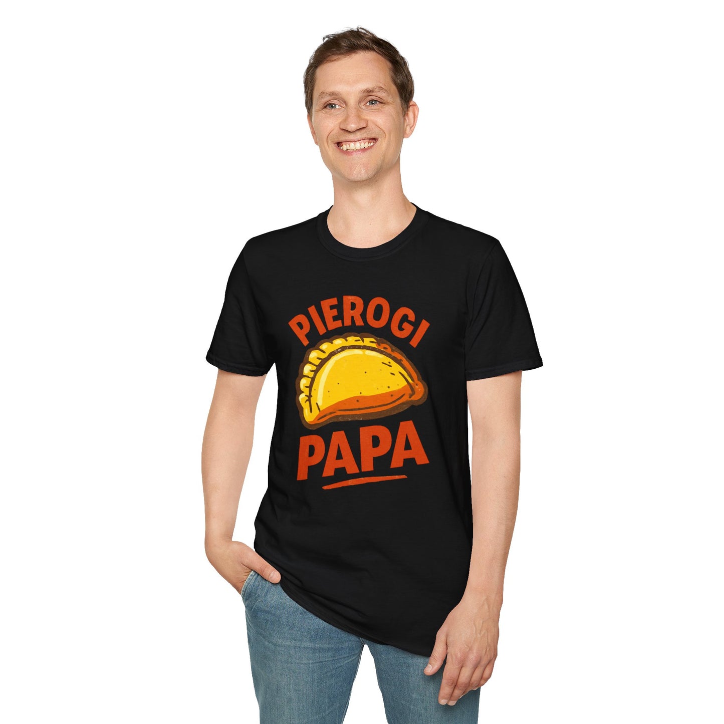 Pierogi Papa Unisex Softstyle T-Shirt, Funny Foodie Gift, Dad's Day Shirt, Family Gathering Apparel, Potluck Party Tee