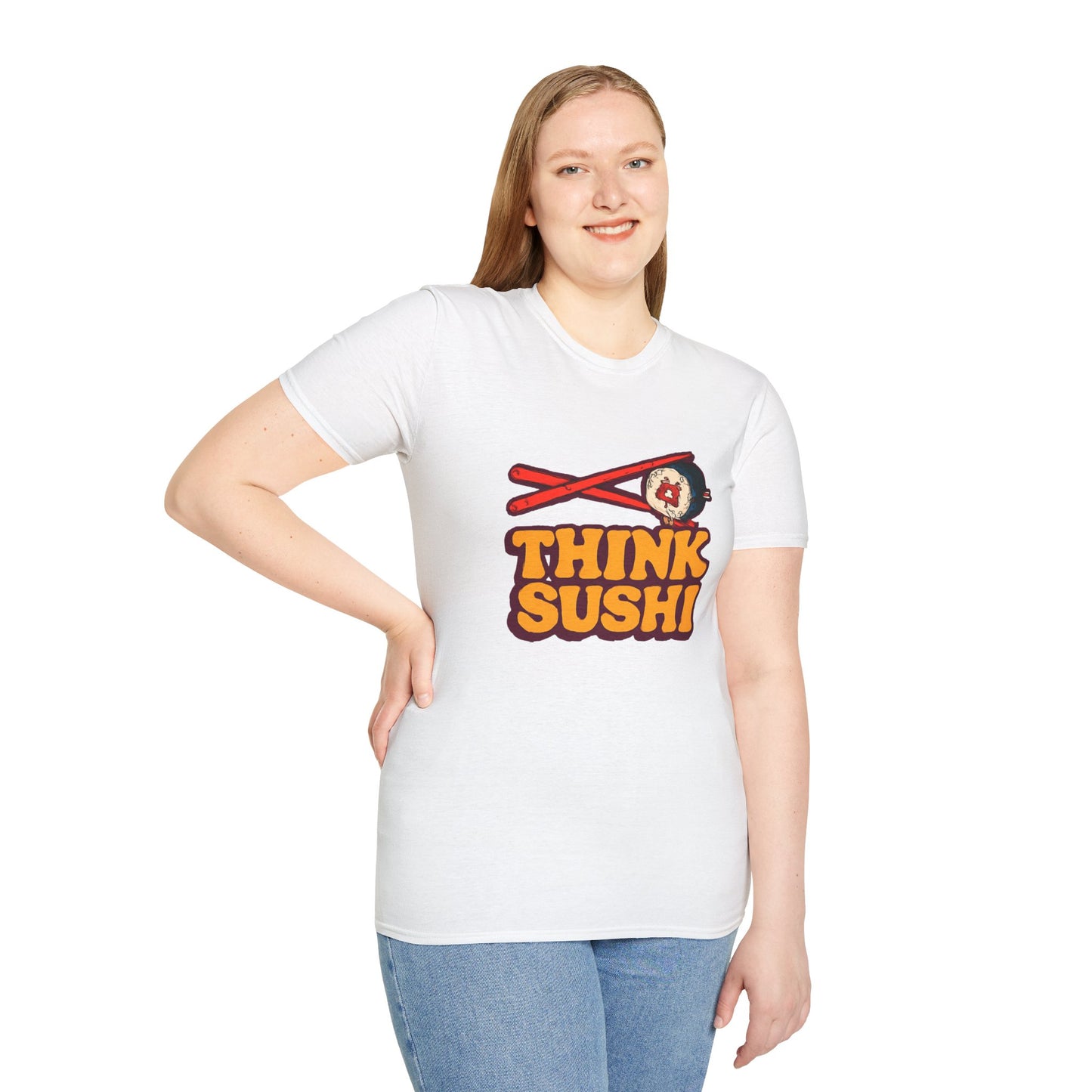 Sushi Lover T-Shirt - Think Sushi graphic tee for foodies, casual wear, gift for sushi lovers, summer style, food-themed shirt