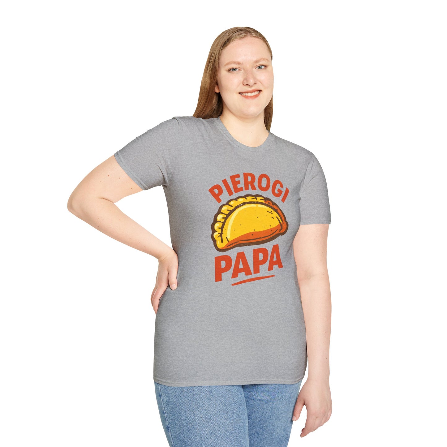 Pierogi Papa Unisex Softstyle T-Shirt, Funny Foodie Gift, Dad's Day Shirt, Family Gathering Apparel, Potluck Party Tee