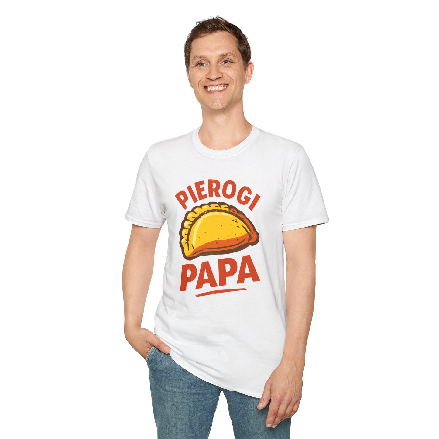Pierogi Papa Unisex Softstyle T-Shirt, Funny Foodie Gift, Dad's Day Shirt, Family Gathering Apparel, Potluck Party Tee